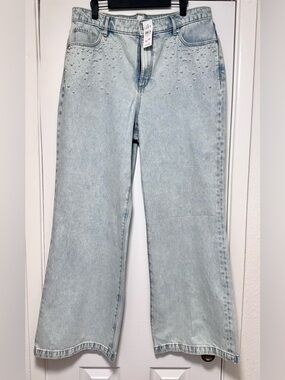 LOFT Light Blue High-Rise Jeans with Pearl Studs